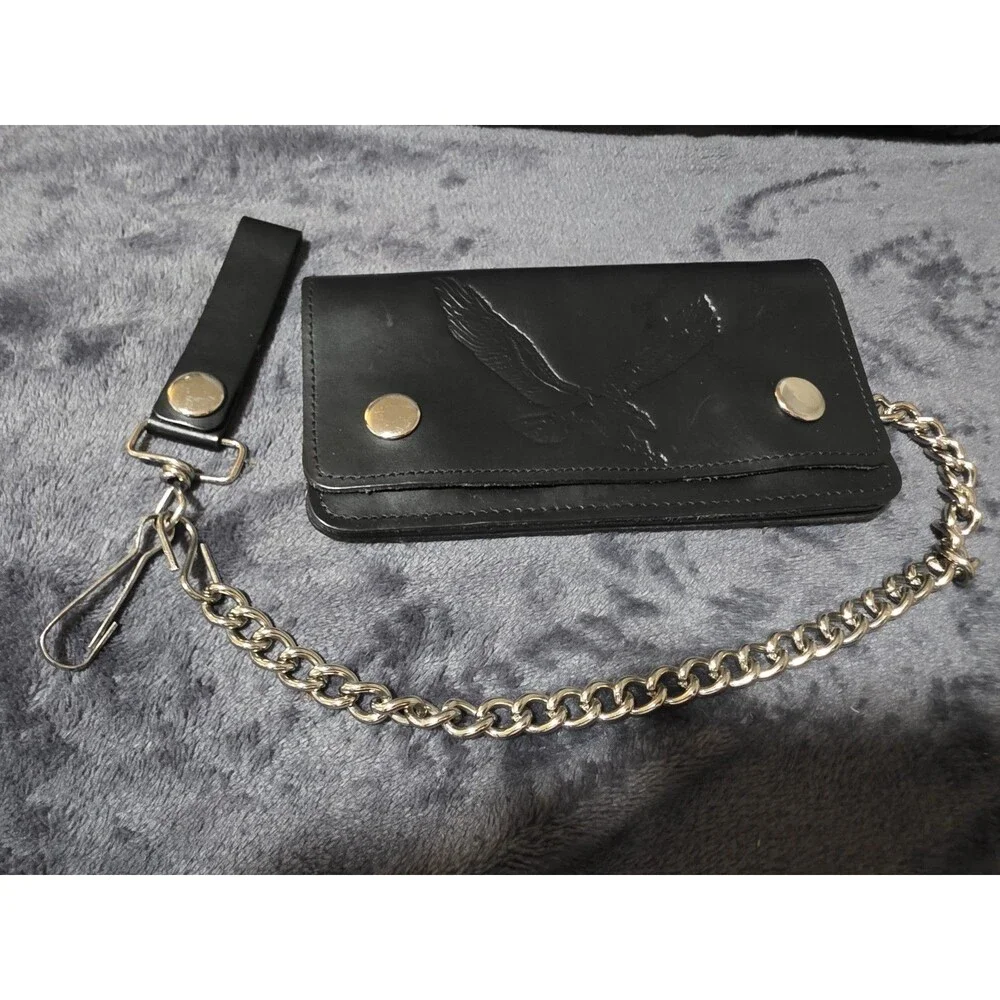 Cool Genuine Leather Biker Trucker Embossed Wallet Chain Motorcycle Rider EuC